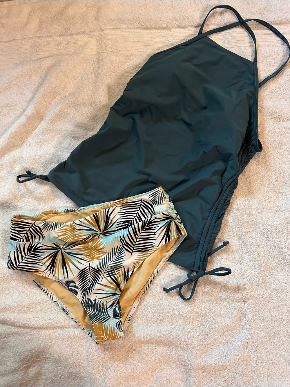Solid Teal Halter Tankini with Palm-Print High-Waist Briefs
